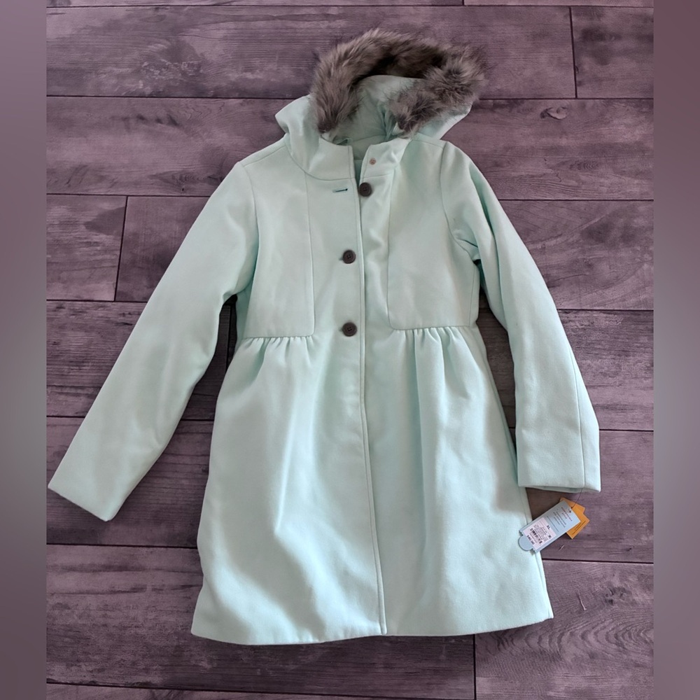 Cat & Jack Girls' Mint Green Hooded Pea Coat with Faux-Fur Trim